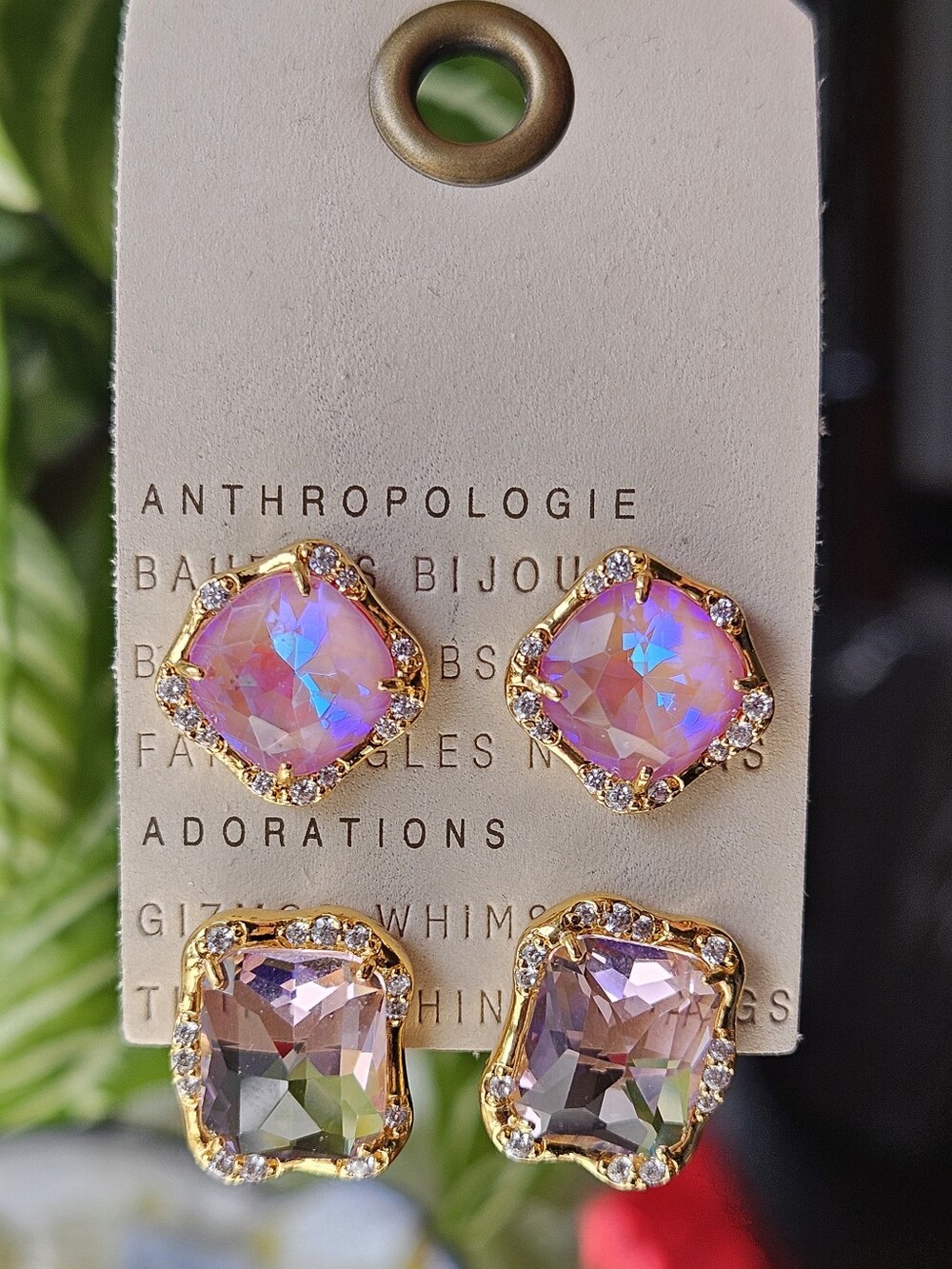 Anthropologie Pink Iridescent & Pink Crystal Gold-Frame Stud Earrings Set Of 2